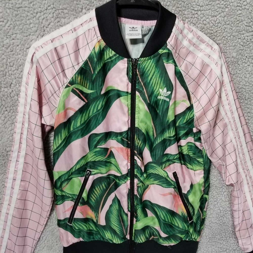 Adidas x Farm Rio Sz XS Pink Palm Tropical Leaf Pattern Track Jacket Full Zip - Picture 5 of 16